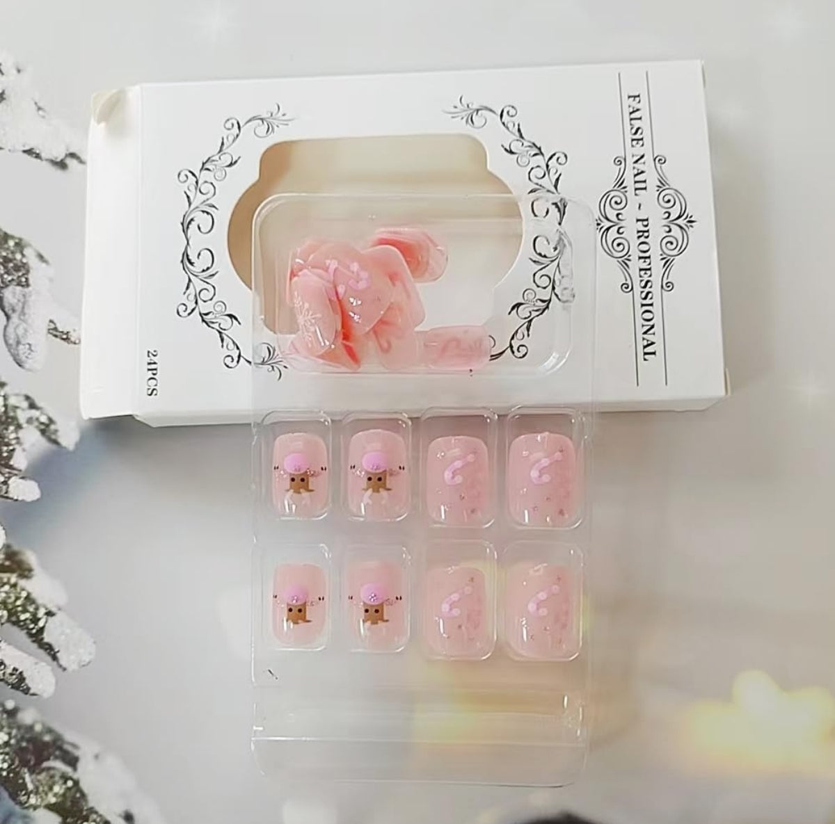 Pink Reindeer Snowflake Candy Cane Christmas Press-On Nails Acrylic Fake Nails - Free Shipping