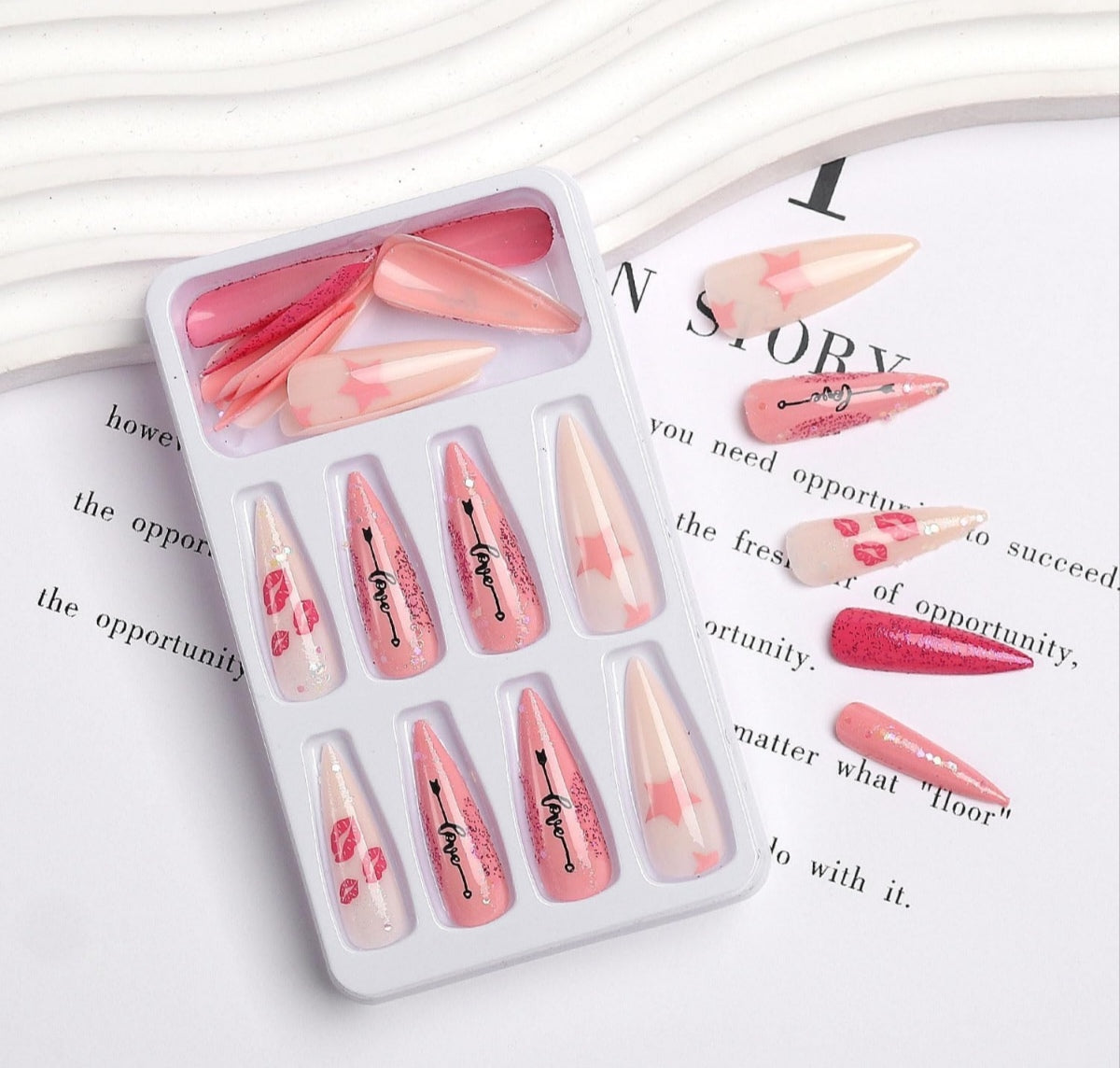 Love Pink White Glitter Lip Kisses Valentine's Press-On Nails Acrylic Fake Nails-Free Shipping