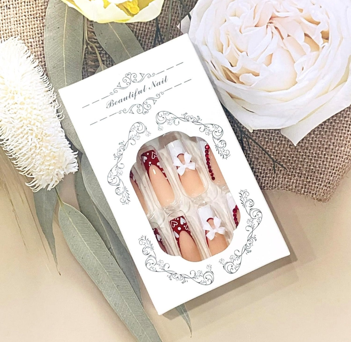 Elegant French Heart 3D Bow Rhinestones Coffin Press-On Nails False Nails 24 Pcs - Free Shipping