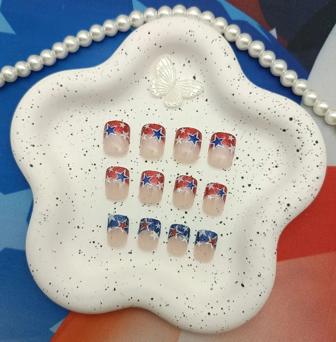 Chic French Glitter Patriotic Star Press-On Nails Fake Artificial Nails 24 Pcs-Free Shipping