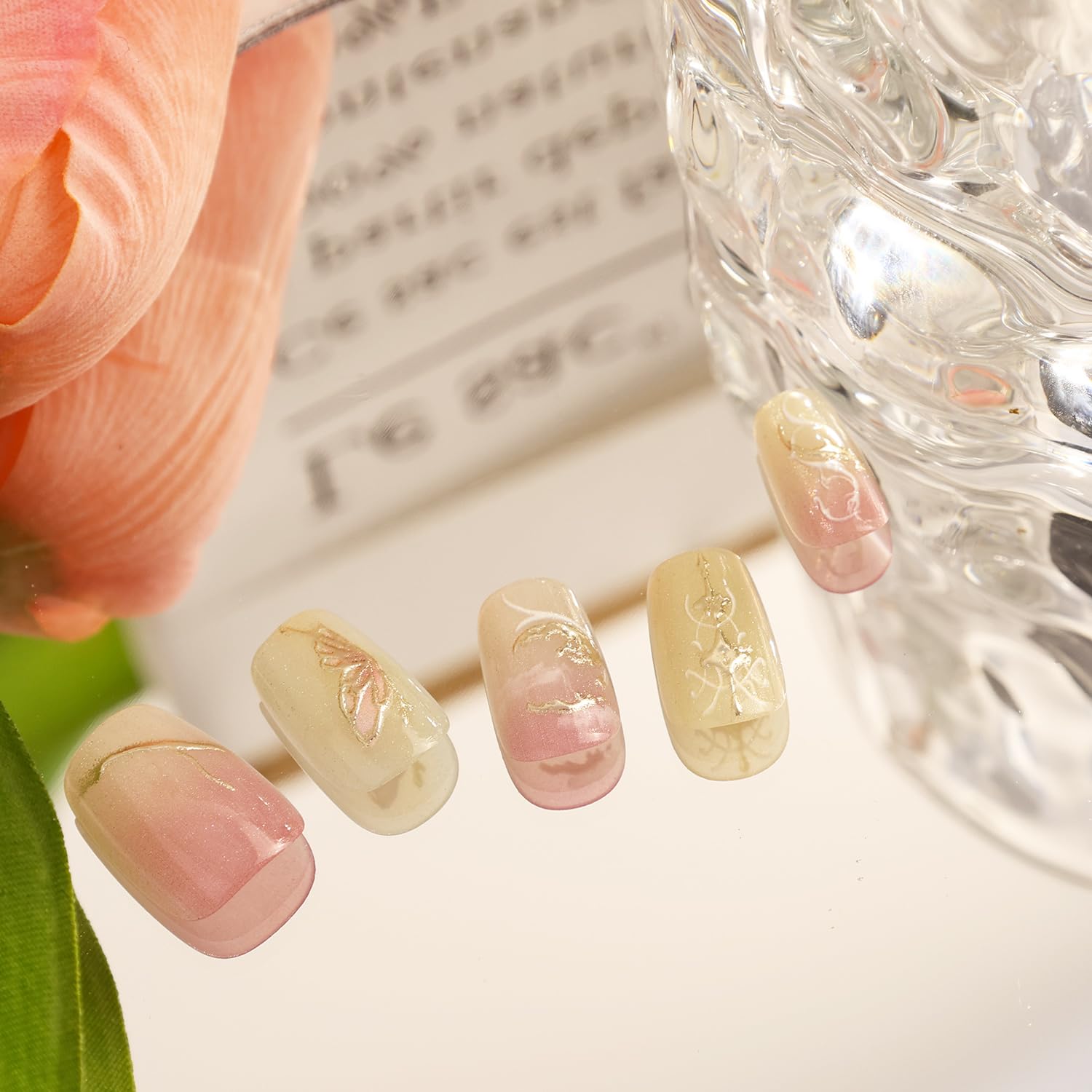 Chic Pink Gold 3D Abstract Square Nail Floral Press-On Nails False Nails 30 Pcs - Free Shipping