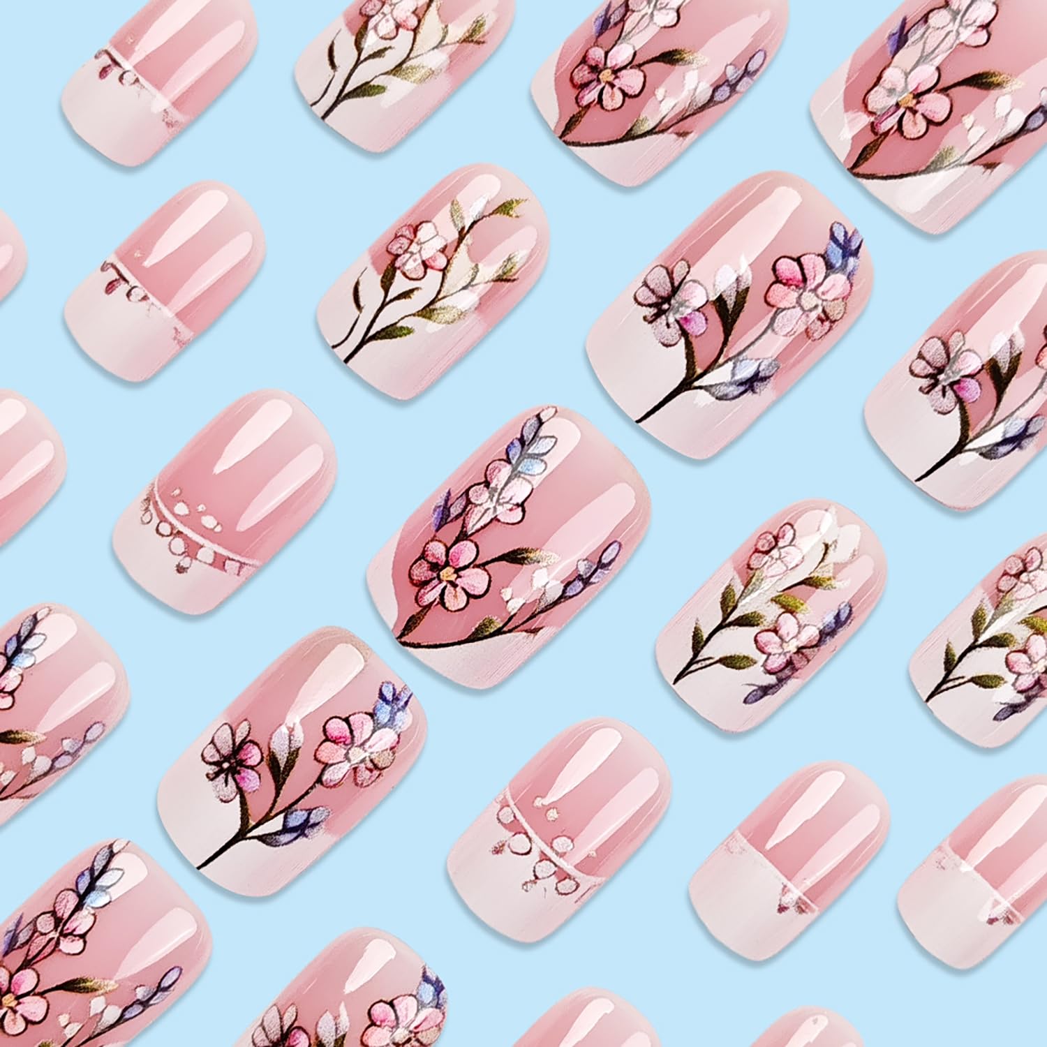 Chic French Floral Tip Press-On Nails Artificial Nails 24 Pcs - Free Shipping