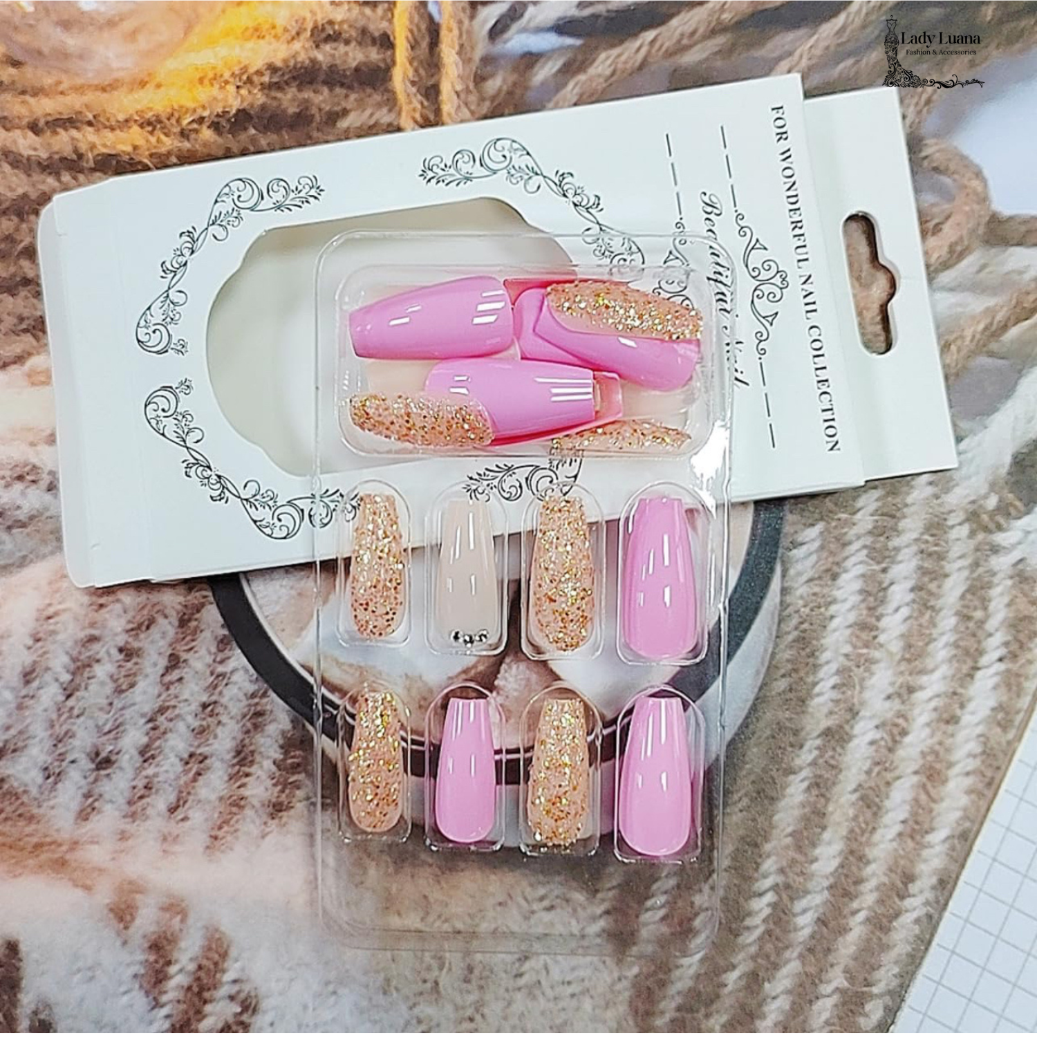 Nude Glitter Press On Medium Coffin False Nails -Free Shipping - Lady Luana Luxe Nails