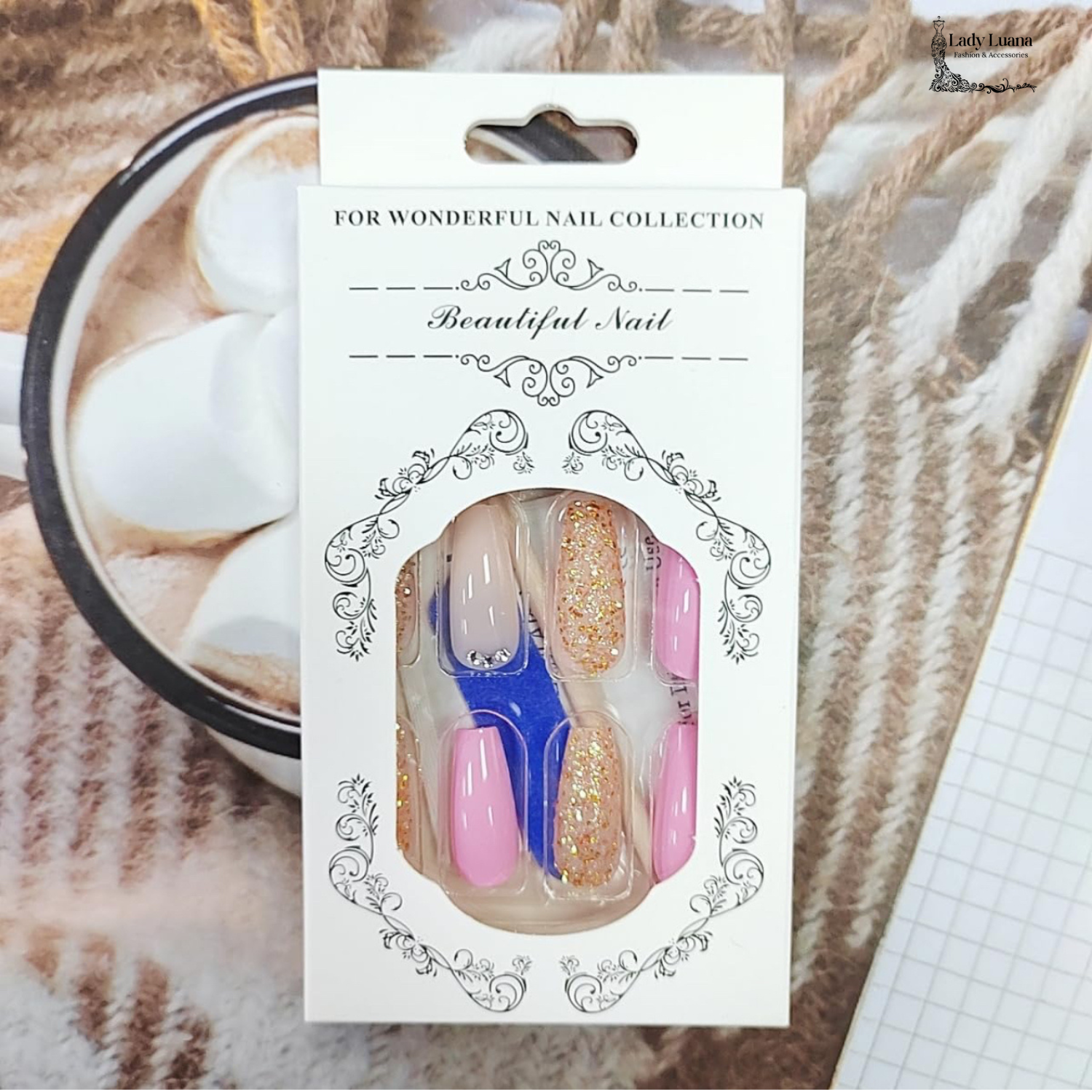 Nude Glitter Press On Medium Coffin False Nails -Free Shipping - Lady Luana Luxe Nails