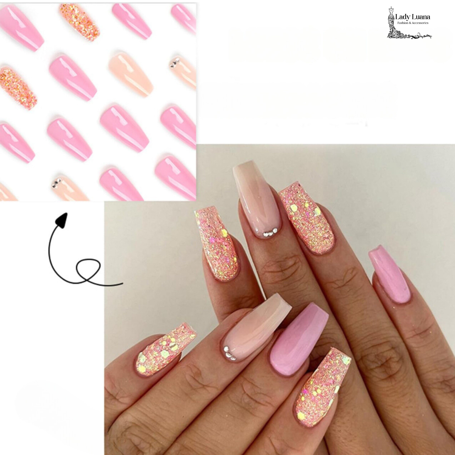 Nude Glitter Press On Medium Coffin False Nails -Free Shipping - Lady Luana Luxe Nails