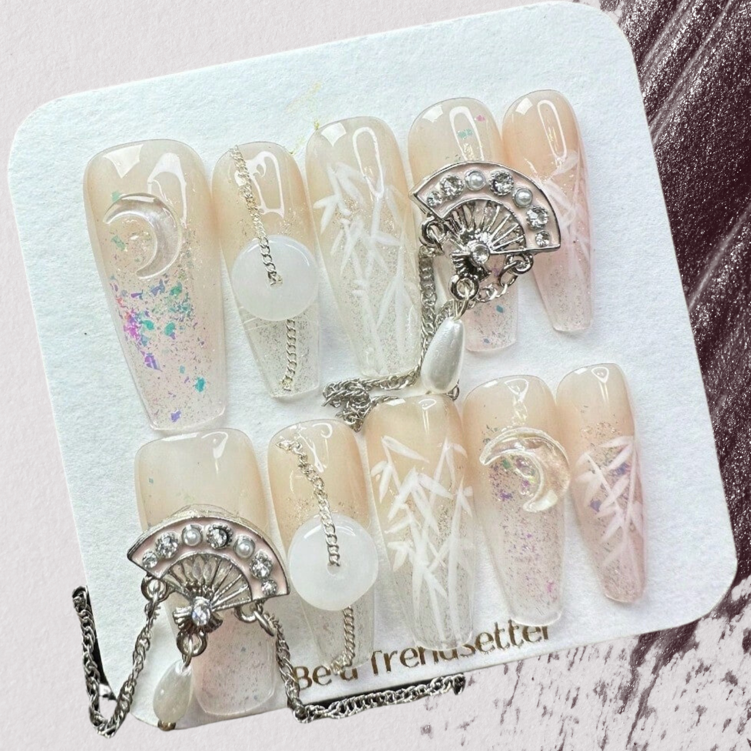 Pearl Chain Rhinestone 3D Metallic Fan Handcrafted Press-On Nails Acrylic False Nails-Free Shipping