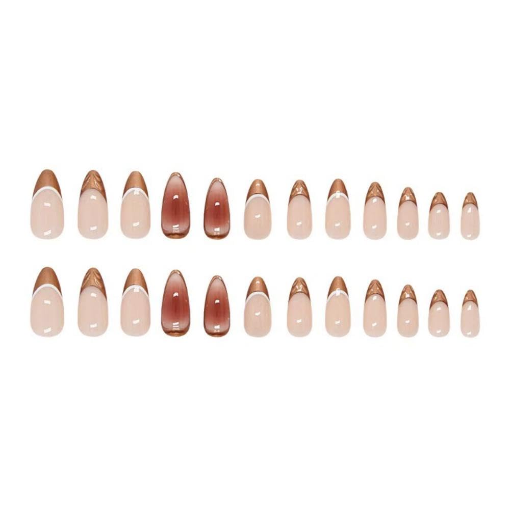 French Tip Press on Nails Ombre Fake Nails Medium Almond False Nails with Design Glossy Glue on Nails Artificial Acrylic Nail Full Cover Brown Stick on Nails for Women Girls Manicure 24Pcs