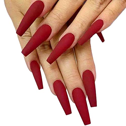 Wine Red Matte Long Coffin Press-On Nails Acrylic False Nails-Free Shipping