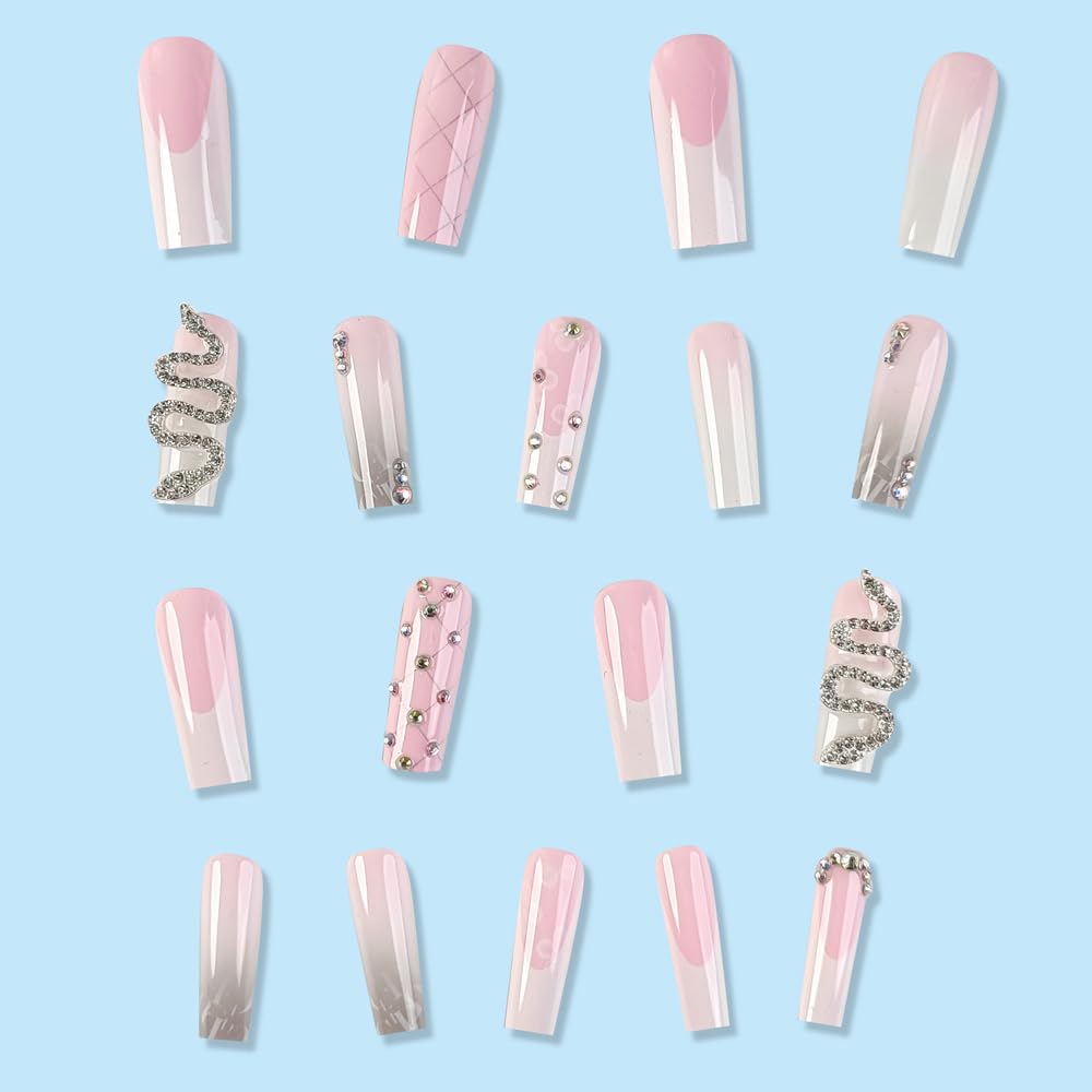 Snake Rhinestone White French Coffin Press-On Nails Acrylic False Nails-Free Shipping