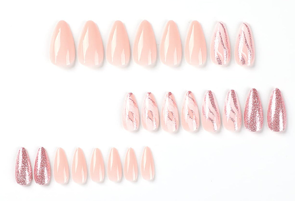 Medium Almond Tip Press on Nails Nails Artificial Acrylic Fake Nails with Pink Glitter Powder Designs, 24Pcs Full Cover Reusable Coffin False Nails Set Women Glue on Nails Stick on Nails for Nail Art