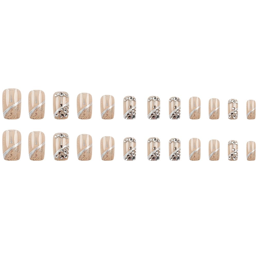 Glitter French Finger Short Square False Nails French Finger False Nails with Diamond Glitter Design Full Cover Acrylic Nails Diamond Gel Nails Women's Manicure 24pcs