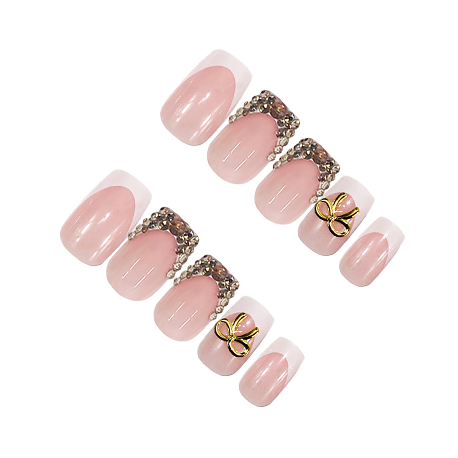 24Pcs White French Tip Press on Nails Short Square Fake Nails with Rhinestones Designs Glue on Nails Gold Bow Acrylic Nails Full Cover French False Nails Diamond Stick on Nails for Women Nail Art