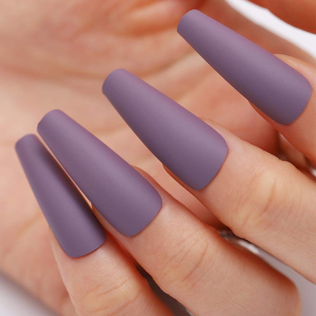 Mauve Purple Matte Long Coffin Press-On Nails Acrylic Fake Nails-Free Shipping