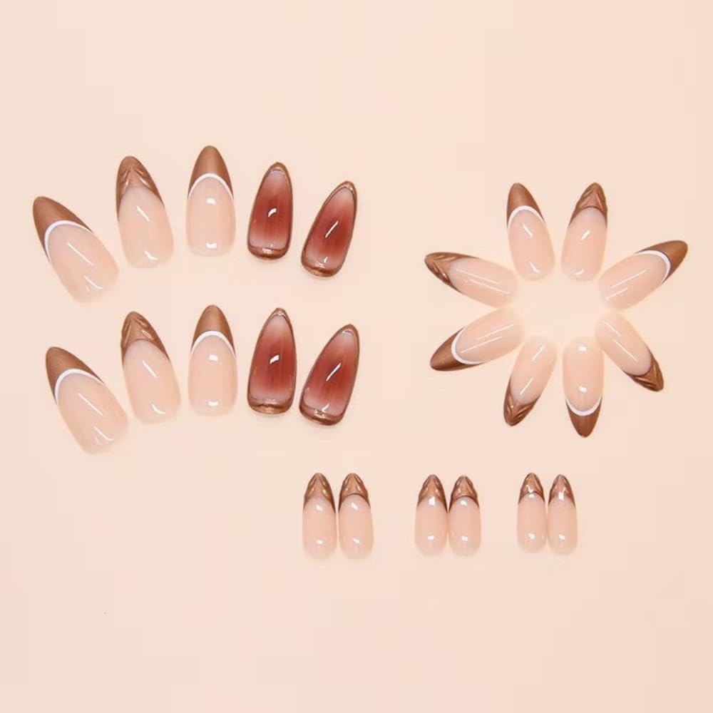 French Tip Press on Nails Ombre Fake Nails Medium Almond False Nails with Design Glossy Glue on Nails Artificial Acrylic Nail Full Cover Brown Stick on Nails for Women Girls Manicure 24Pcs