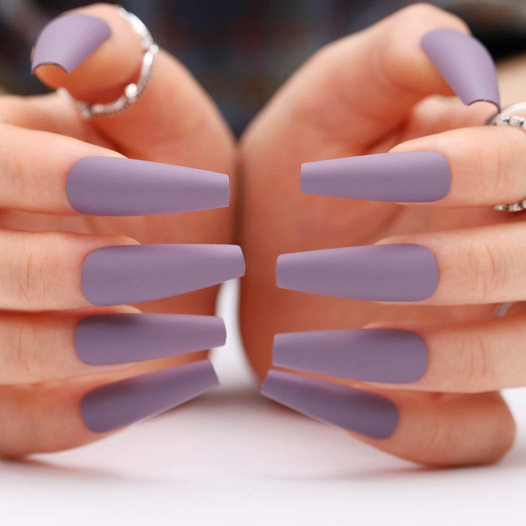 Mauve Purple Matte Long Coffin Press-On Nails Acrylic Fake Nails-Free Shipping