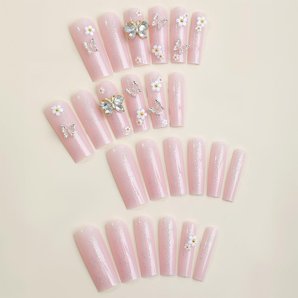 3D Butterfly Glitter Flower Long Coffin Press-On Acrylic False Nails - Free Shipping