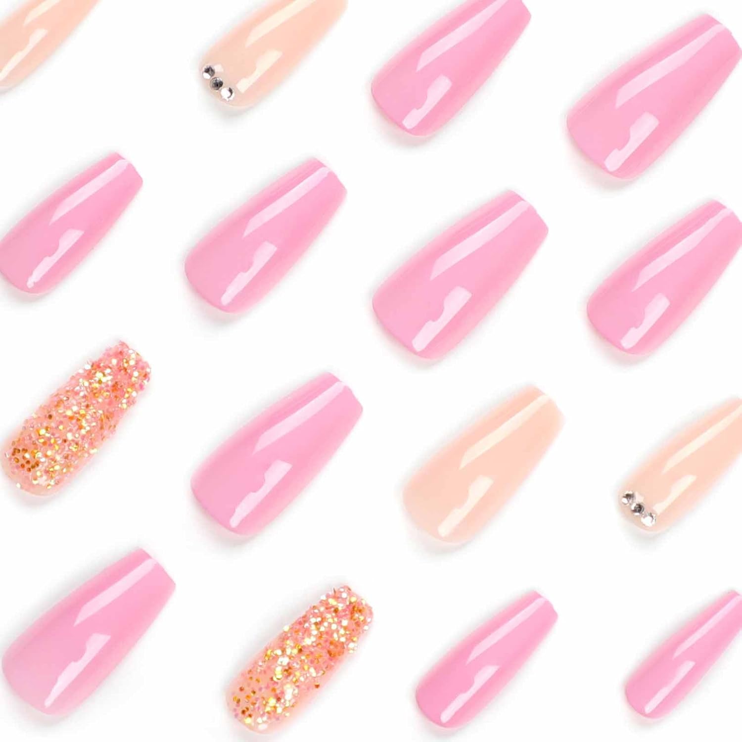 Nude Glitter Press On Medium Coffin False Nails -Free Shipping - Lady Luana Luxe Nails