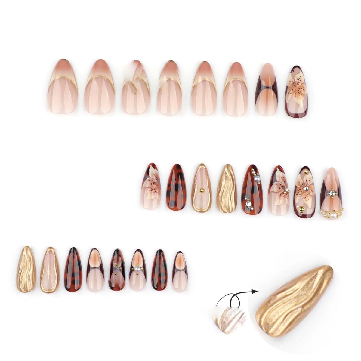 Press on Nails Almond Medium Fake Nails Brown Glue on Nails Flower Design Acrylic Nails 3D Gold Texture Manicure False nails 22 Pcs (Brown-3, M-3)