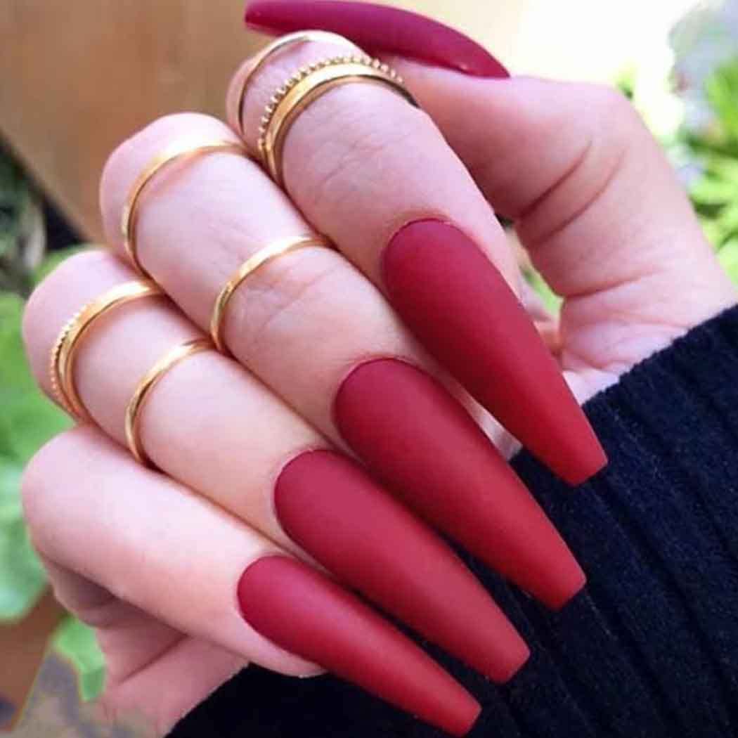 Wine Red Matte Long Coffin Press-On Nails Acrylic False Nails-Free Shipping