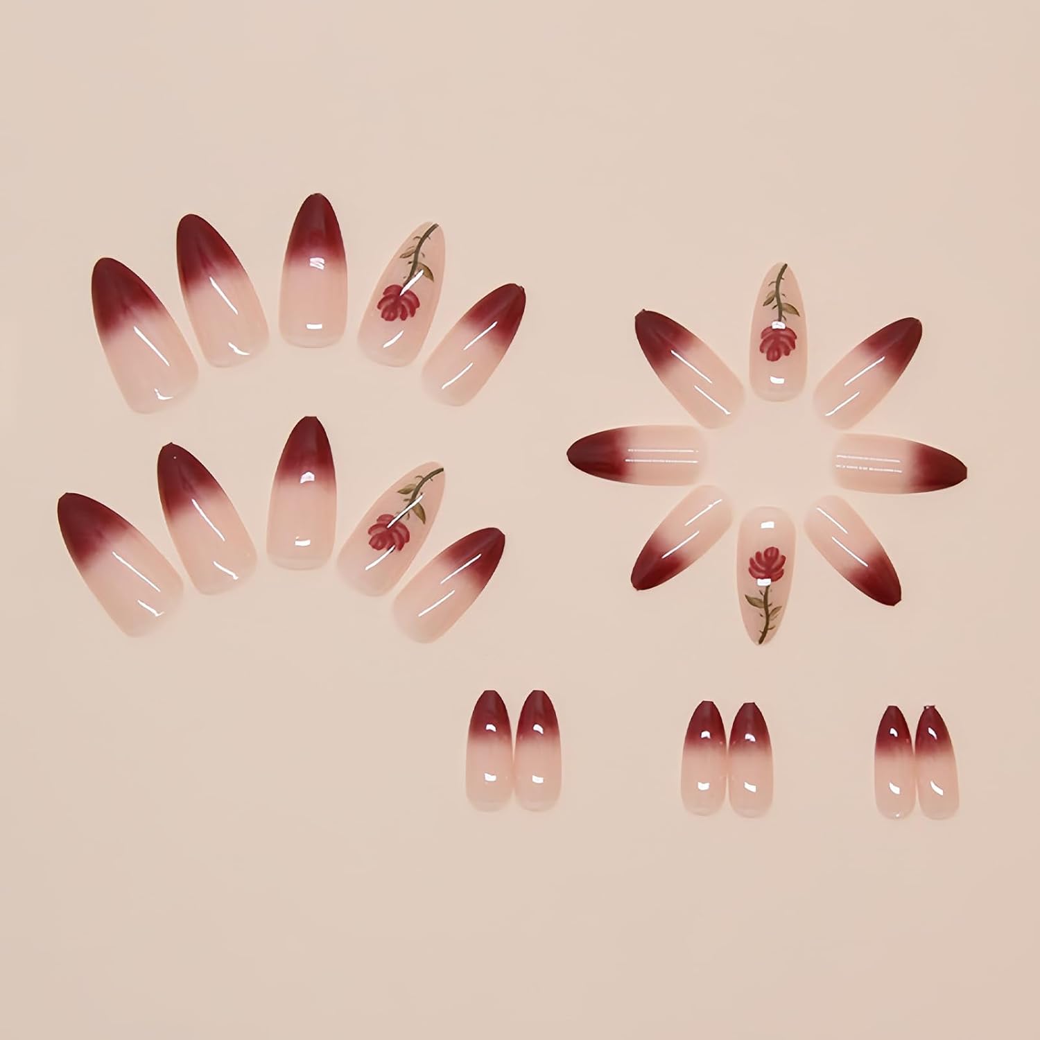 Rose Flower Press on Nails Bright Red Rose Fake Nails Medium Almond False Nails Glossy Acrylic Stick on Nails Red Gradient Artificial Nails Valentines Glue on Nails for Women Girls 24 Pcs