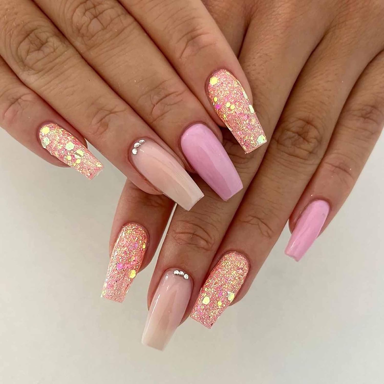 Nude Glitter Press On Medium Coffin False Nails -Free Shipping - Lady Luana Luxe Nails