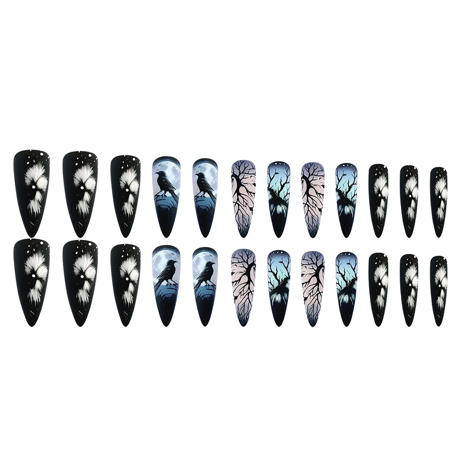24Pcs Stiletto Press on Nails with Designs, Summer Fake Nails Full Cover Glue on Nails Long Acrylic Nails Press on Black False Nails Reusable Artificial Stick on Nails for Women Nail Decorations