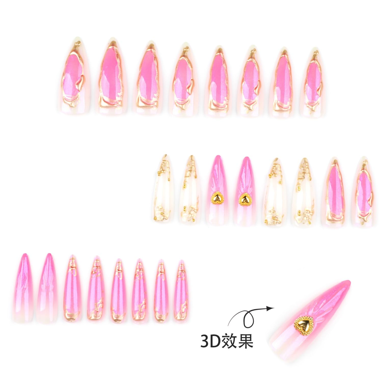 Press on Nails Long Almond Fake Nails with 3D Design Gold Glue on Nails Heart Stick on Nails Glossy Reusable Artificial Acrylic Full Cover False Nails for Women Manicure 24 Pcs (Gold-31, Nails-31)