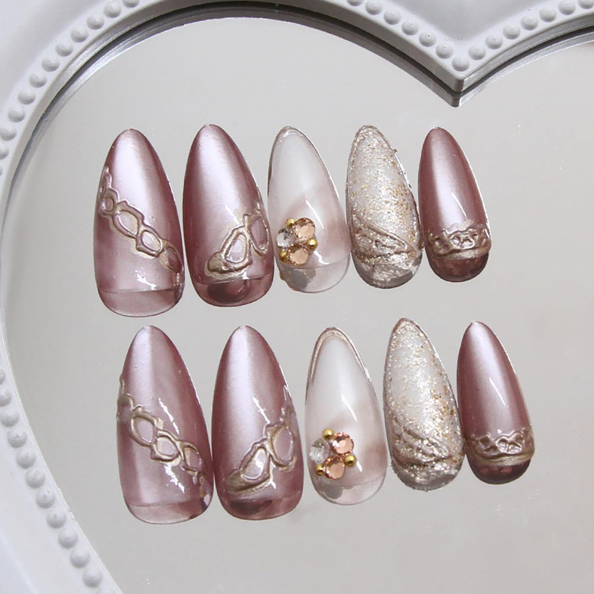 French Tip Press on Nails Brown with Rhinestones Medium Almond Shape False Nails for Wedding Daily Reusable Salon Cute Fake Nails Full Cover Acrylic Stick on Nails Glue on Nails Decoration Kit