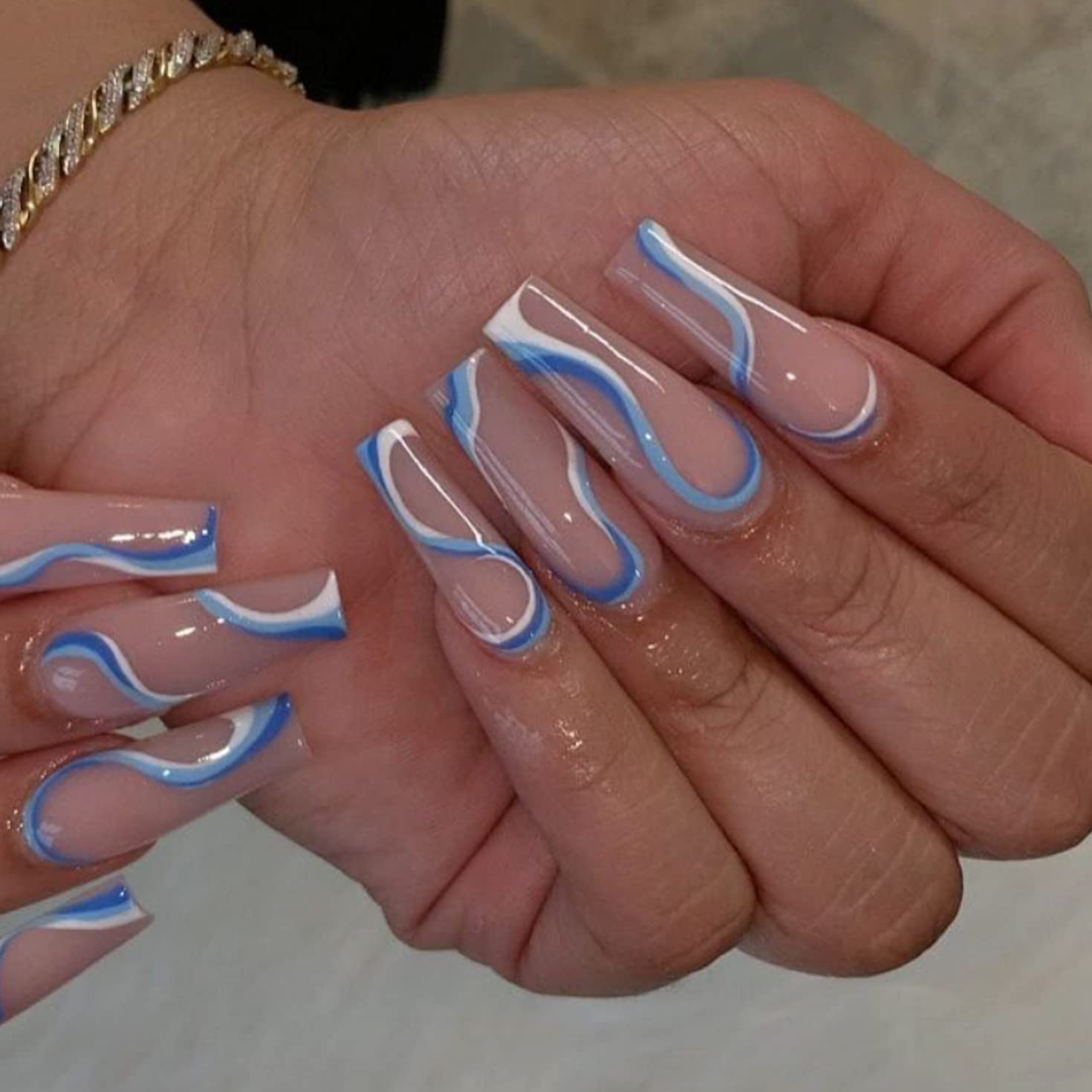 BABALAL Glossy Press on Nails Long Coffin Full Cover False Nails Shiny Stick on Nails Nude Fake Nails for Women and Girls