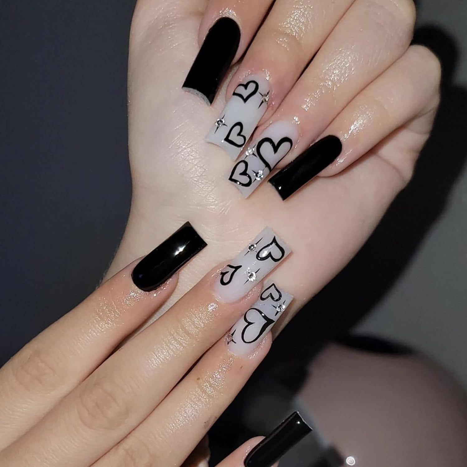 24Pcs Medium Valentines Press on Nails Black Heart Fake Nails Glossy Acrylic Nails Square False Nails Hearts Rhinestone Designs Black White Stick on Nails Valentine's Day Glue on Nails for Women