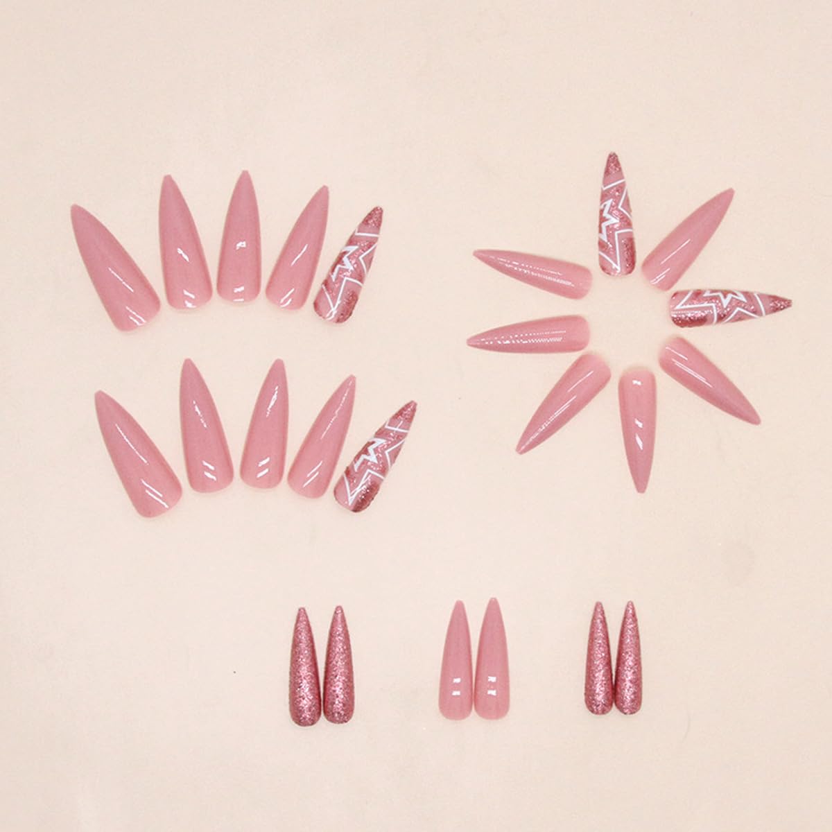 Stiletto Press on Nails Long Pink White Star Glitter-Free Shipping - Lady Luana Luxe Nails