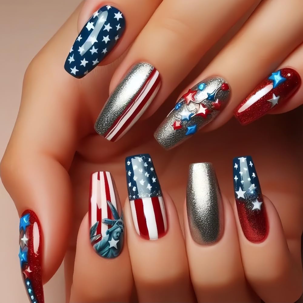 Medium Press on Nails Independence Day Fake Nails with Fireworks and Stripe Designs Bald Eagle Glue on Nails 4th of July Flag Stick on Nails Blue Red Glue on Nails for Women Girls 24Pcs