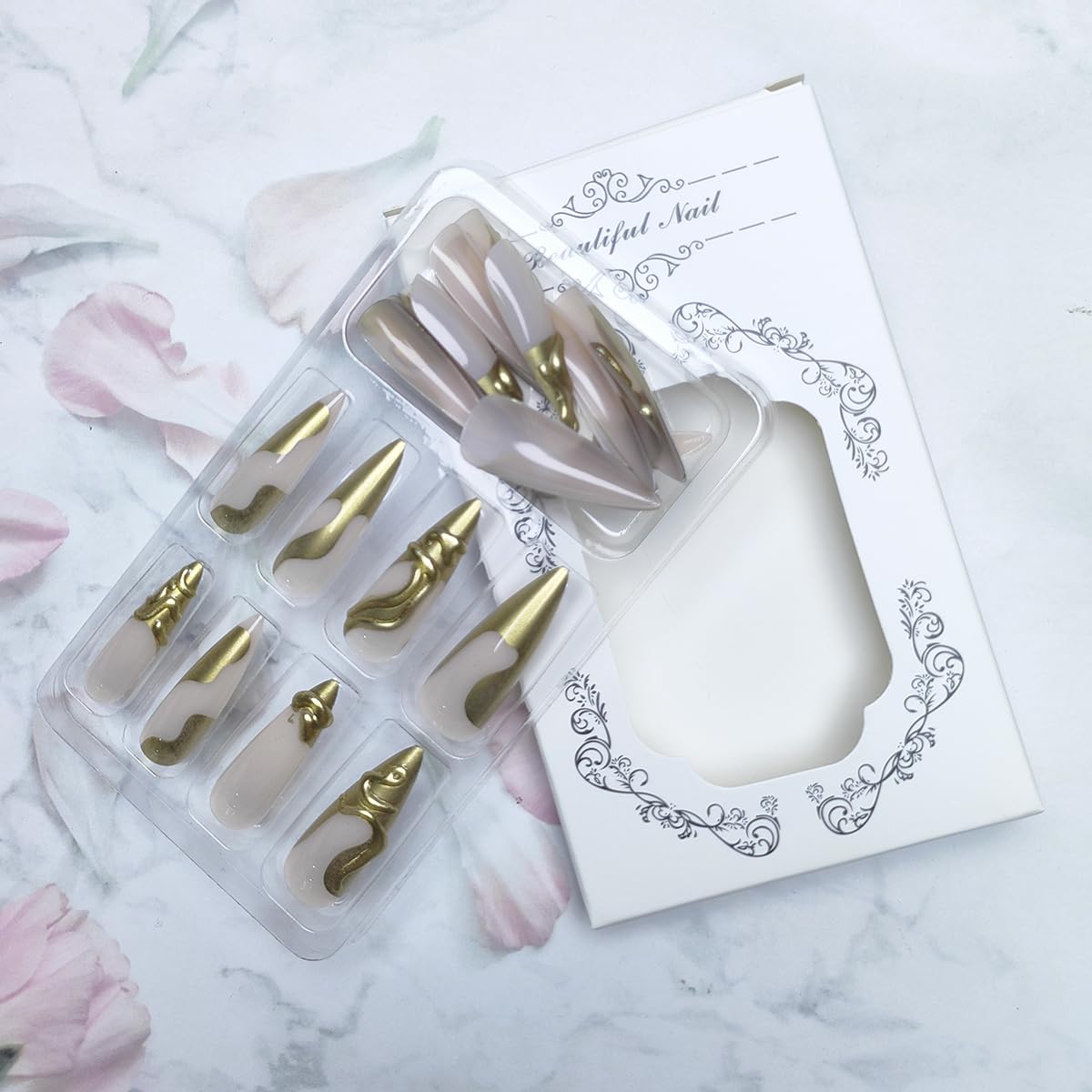 24Pcs Gold French Tip Press on Nails Long Almond Fake Nails with 3D Chrome Gold Irregular Lines Designs Glossy Nude Acrylic Nails Stiletto False Nails Full Cover Artificial Stick on Nails for Women