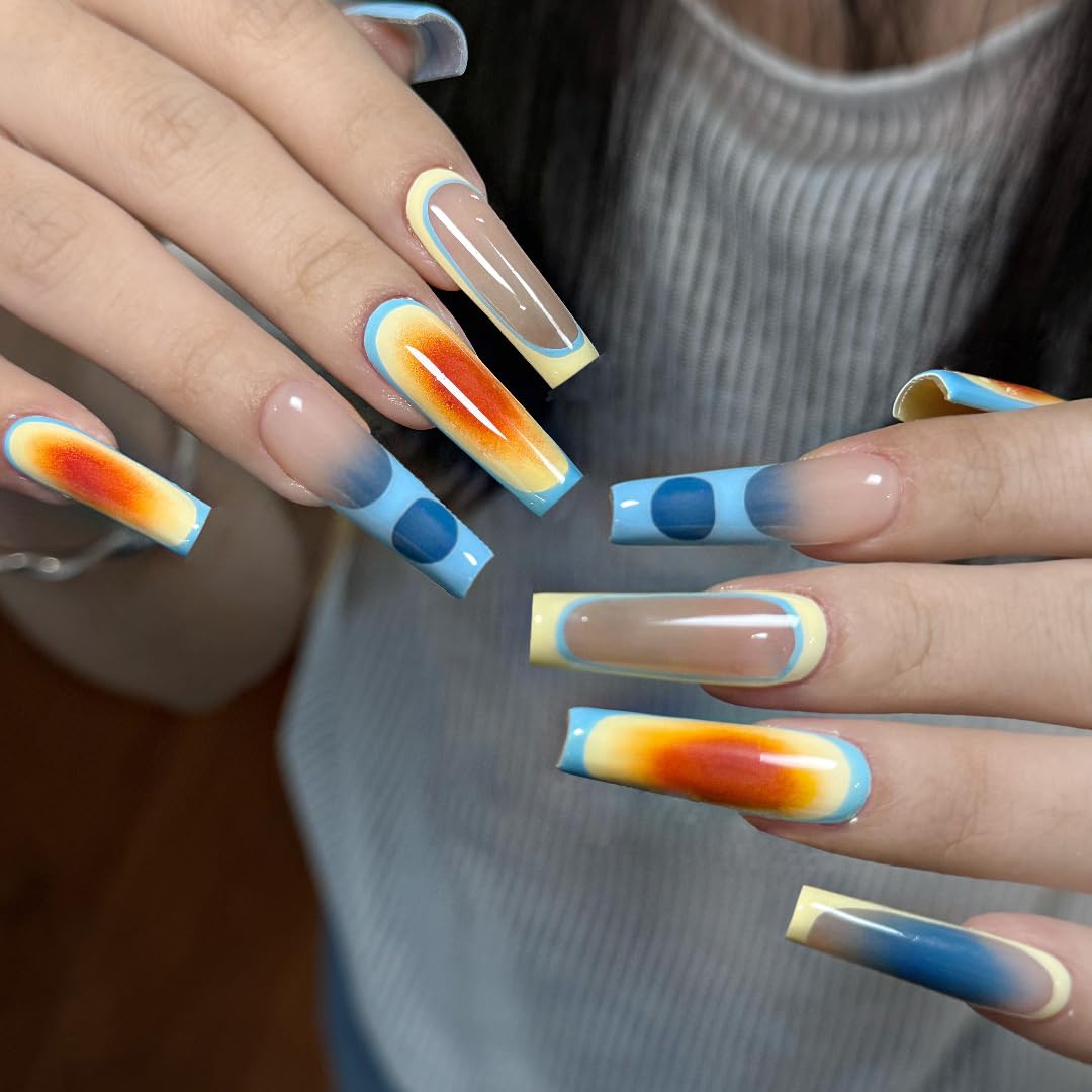 BABALAL Glossy Press on Nails Long Coffin Full Cover False Nails Shiny Stick on Nails Nude Fake Nails for Women and Girls