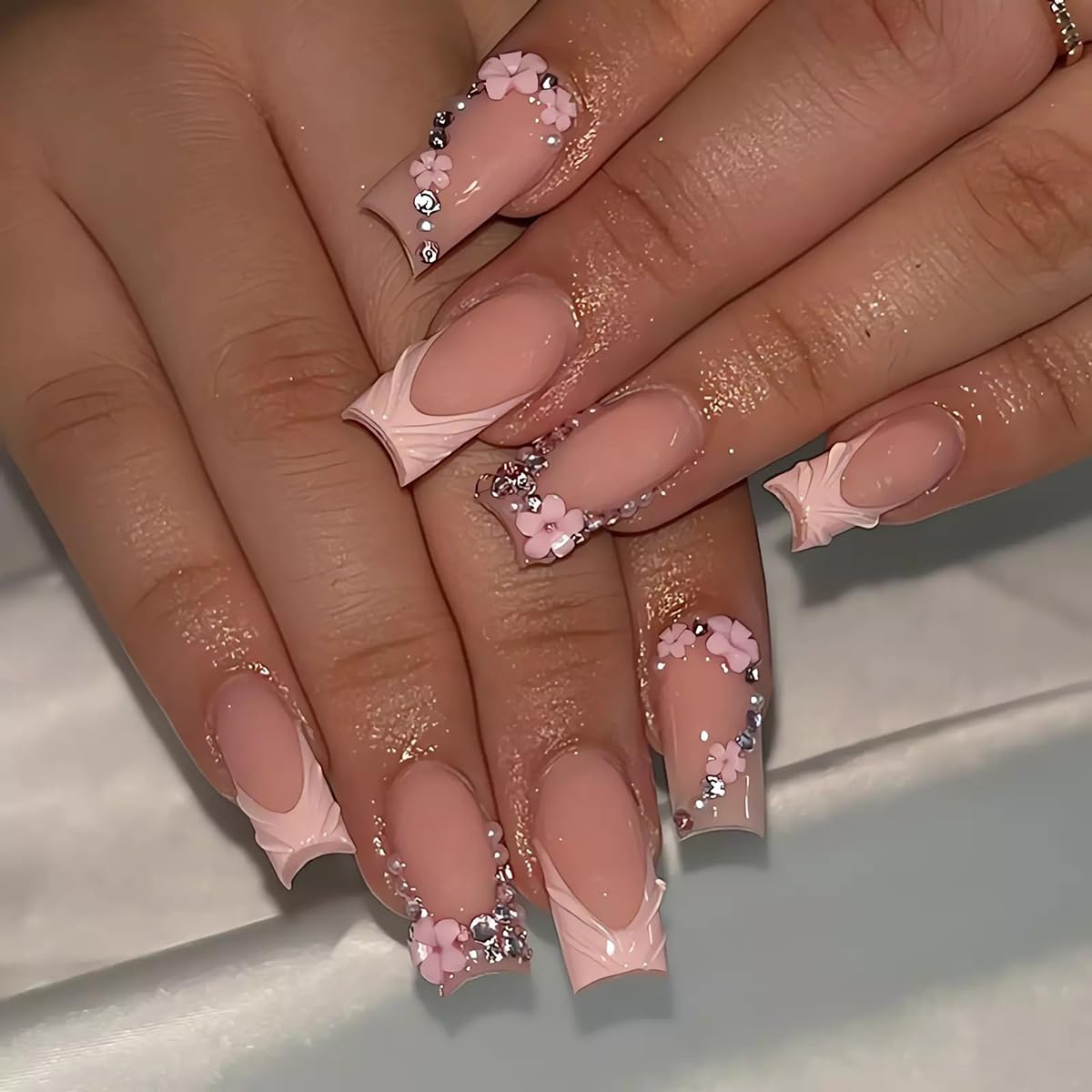 Spring Press on Nails Medium Coffin Shape Fake Nails with Black and Pink Cherry Blossom Designs Gradient Ombre Flower Glue on Nails Glossy Finish Artificial Nails for Women Girls, 24Pcs