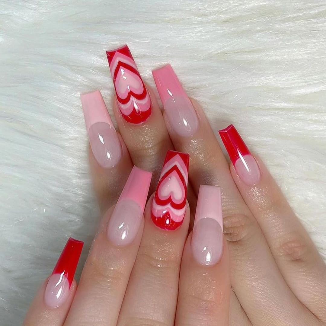 BABALAL Glossy Press on Nails Long Coffin Full Cover False Nails Shiny Stick on Nails Nude Fake Nails for Women and Girls