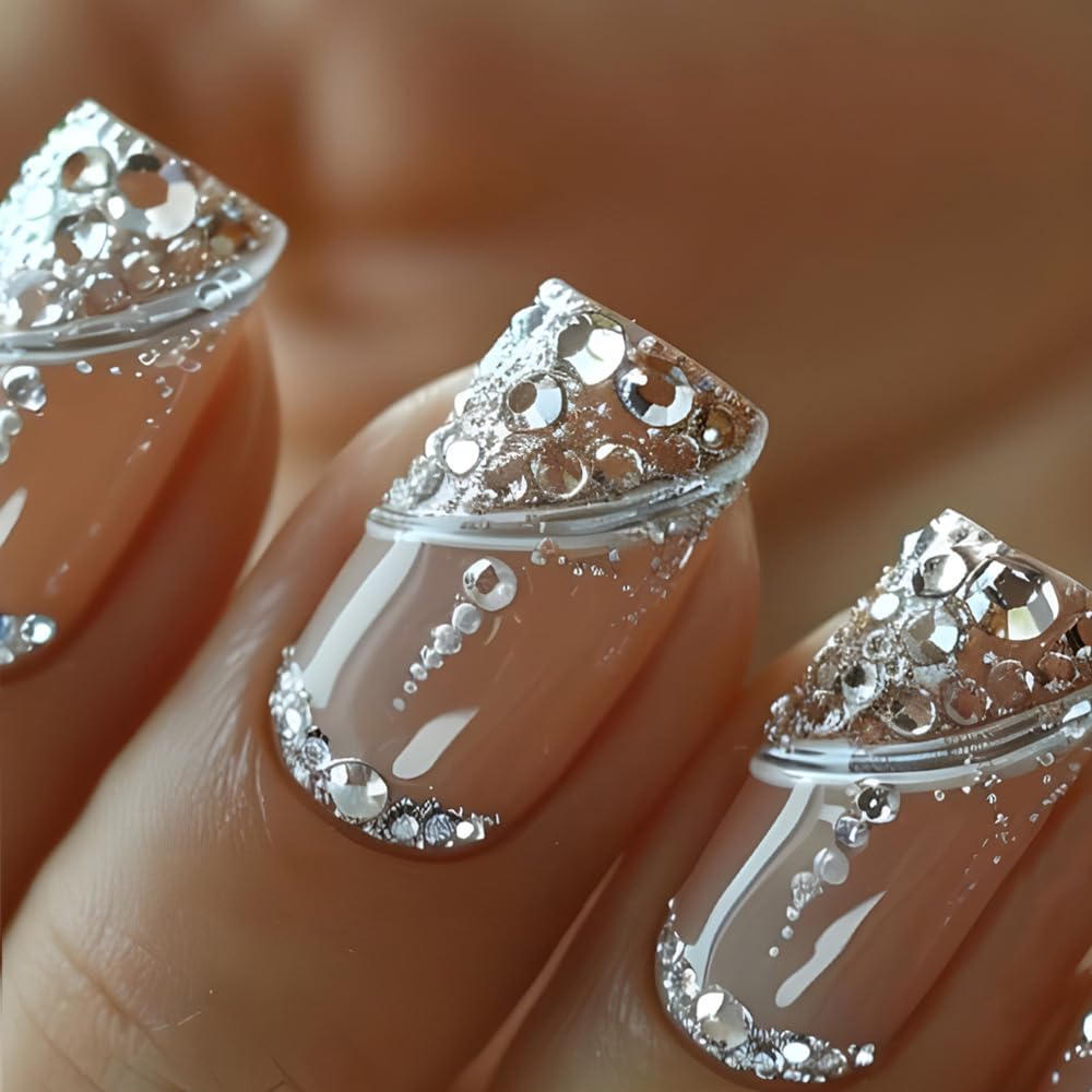 Glitter French Finger Short Square False Nails French Finger False Nails with Diamond Glitter Design Full Cover Acrylic Nails Diamond Gel Nails Women's Manicure 24pcs