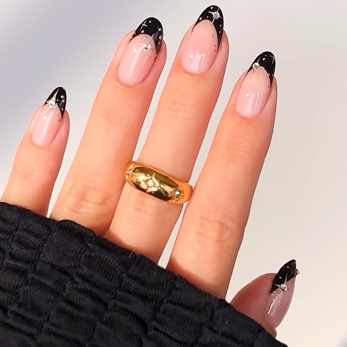 Black Rhinestone French Almond Press on Nails - 24 Pcs Medium Square Full Cover Fake Nails - Free Shipping