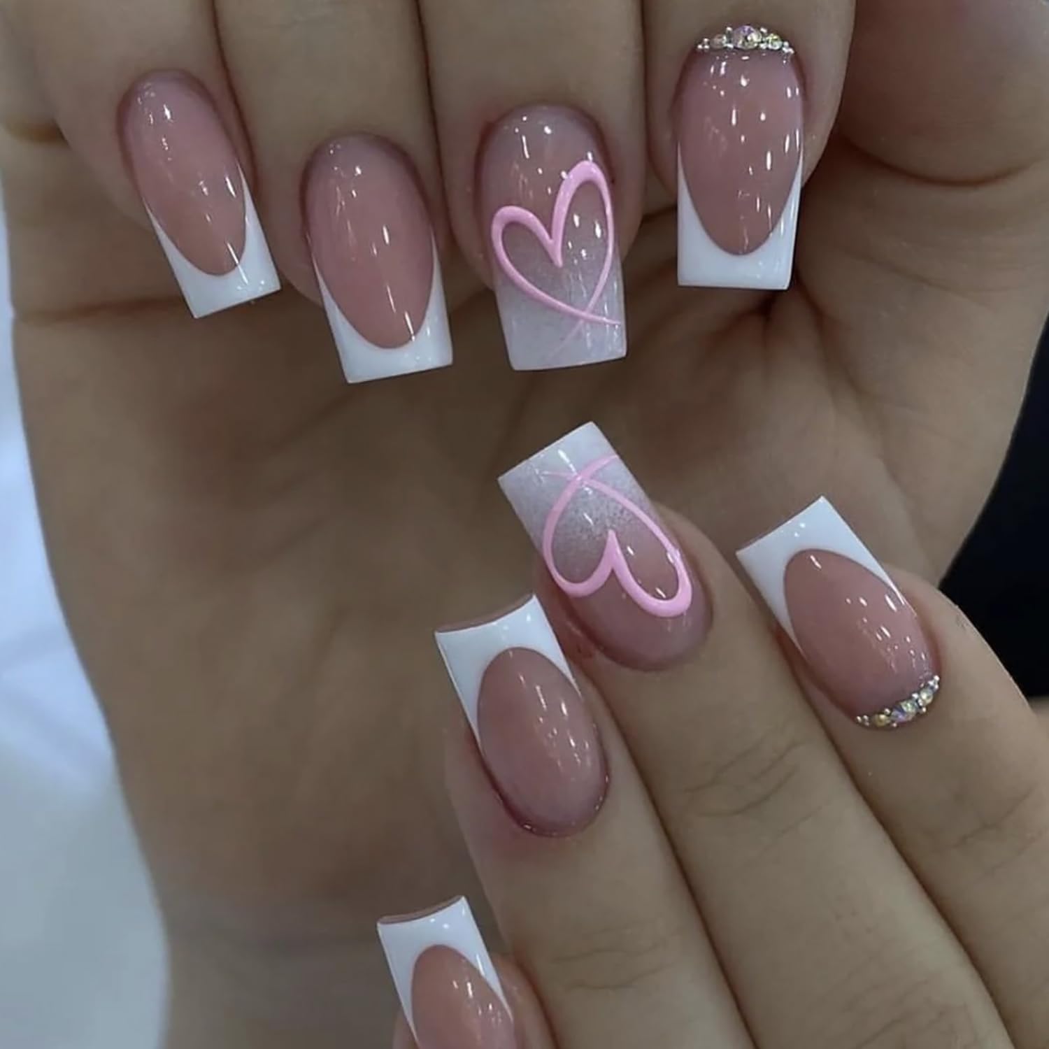 French Tip Press on Nails Heart Fake Nails Medium Square Acrylic Nails Nude False Nails with Heart Designs Glue on Nails Cute Valentine’s Day Stick on Nails Medium Length Artificial Nails, 24Pcs
