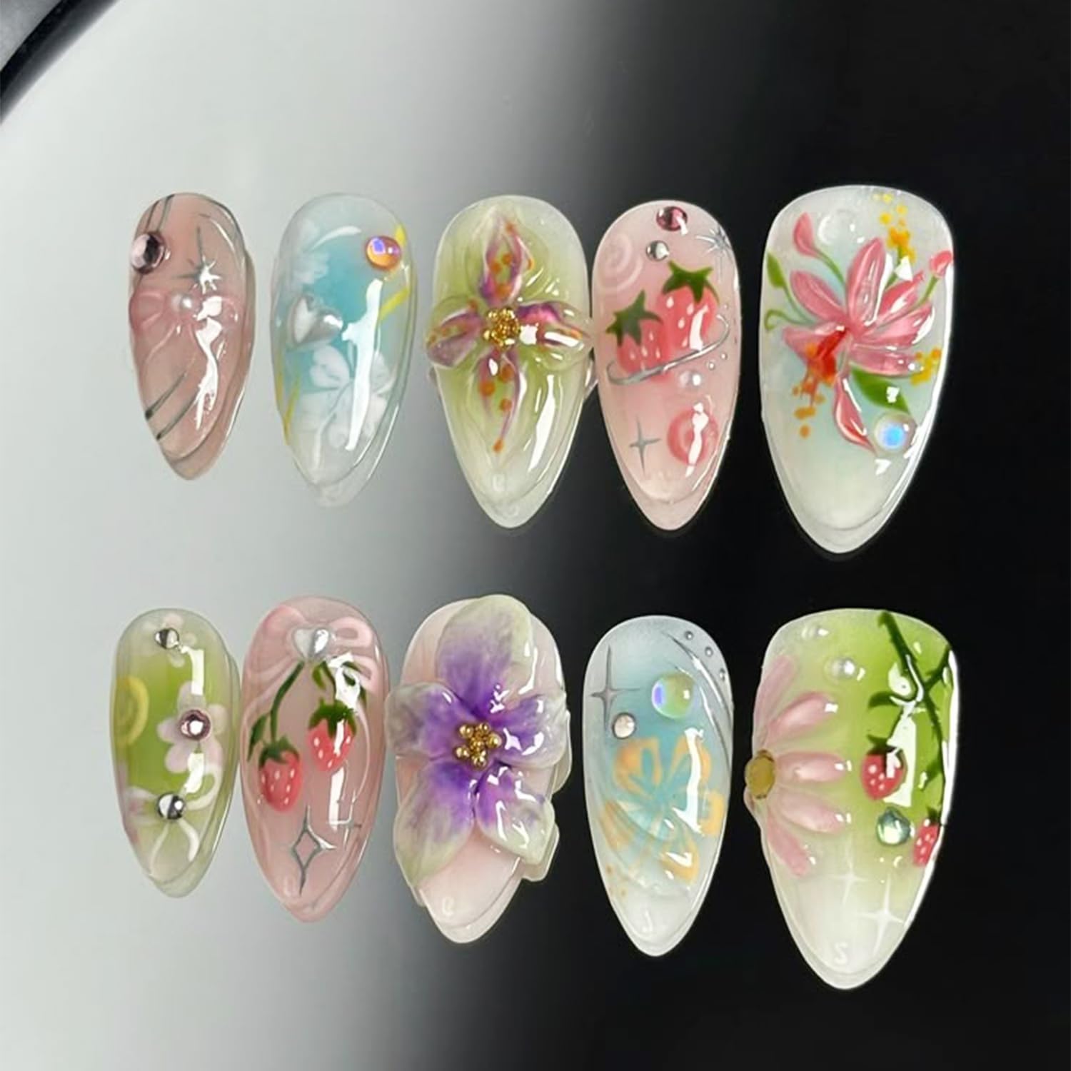 30pcs Green Press on Nails Medium Almond Fake Nails With 3D Flower Pearl Rhinestone Design Gold Beads Butterfly False Nails Star Glue on Nails 3D Summer Floral Full Cover Stick on Nails for Women