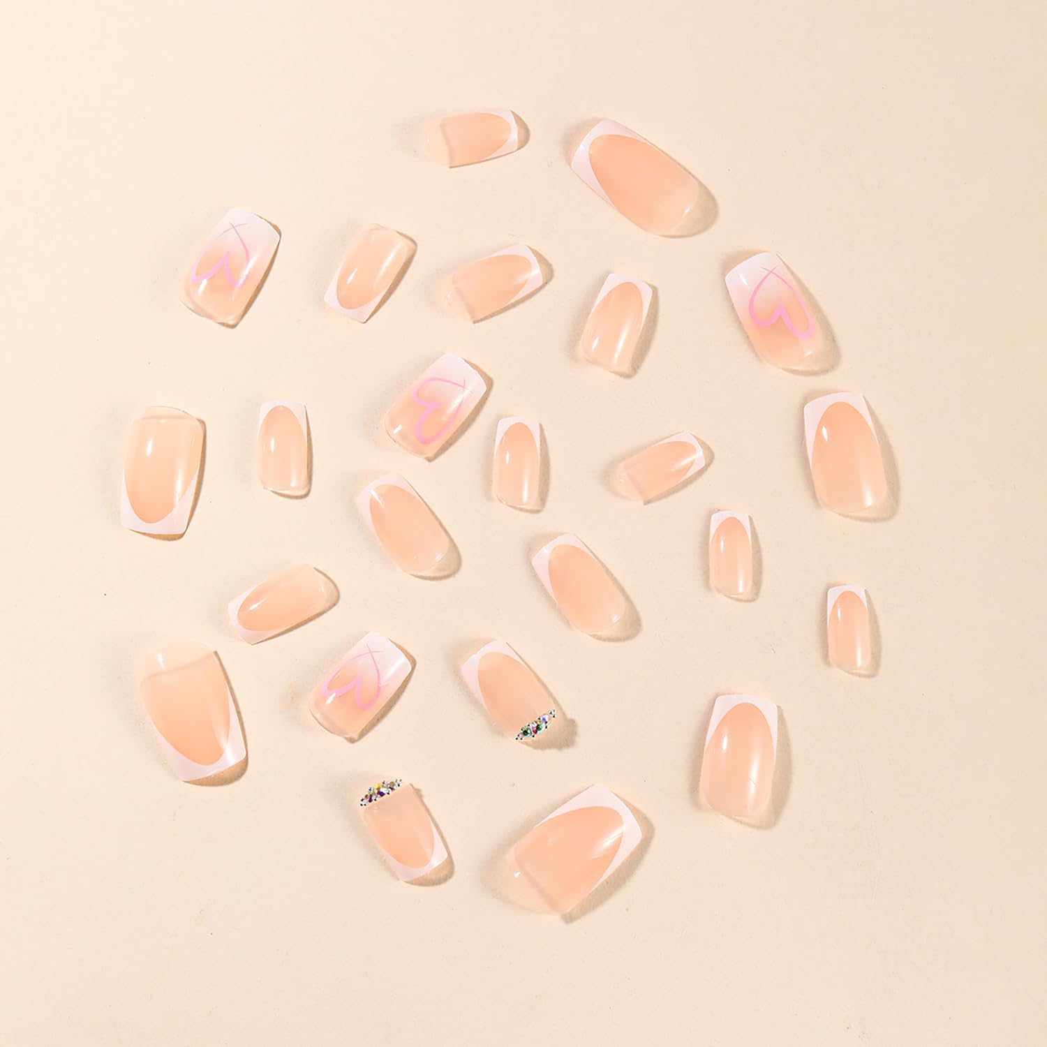 French Tip Press on Nails Heart Fake Nails Medium Square Acrylic Nails Nude False Nails with Heart Designs Glue on Nails Cute Valentine’s Day Stick on Nails Medium Length Artificial Nails, 24Pcs