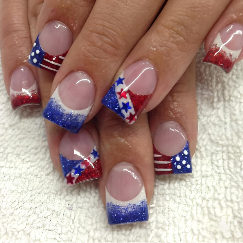 Medium Press on Nails Independence Day Fake Nails with Fireworks and Stripe Designs Bald Eagle Glue on Nails 4th of July Flag Stick on Nails Blue Red Glue on Nails for Women Girls 24Pcs