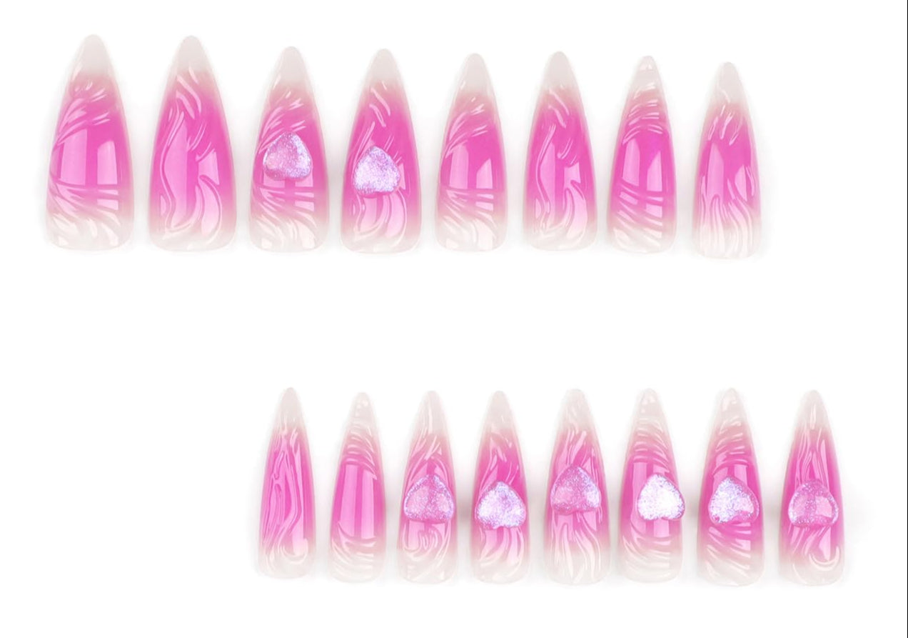 Press on Nails Extra Long Almond Tip Pink 3D Love Heart Design False Nails Artificial Acrylic Nails Pink Smudge Fake Nails 24Pcs Full Cover Reusable Coffin Nails Glue on Nails for Women Kit