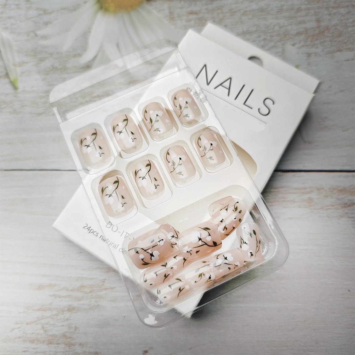 Soft White Bloom Flower Press on Nails - 24 Pcs Medium Square Full Cover Fake Nails - Free Shipping