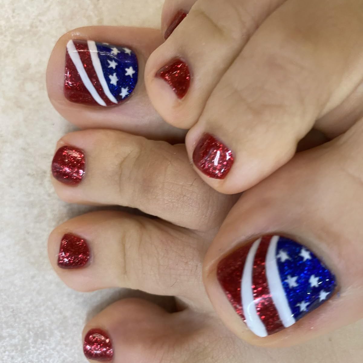 Independence Day Press on Nails Medium Square Fake Nails with Sliver Glitter Designs 3D Star Red Whiter Stripe False Nails Full Cover Glossy Stick on Nails Independence Glue on Nails 24Pcs