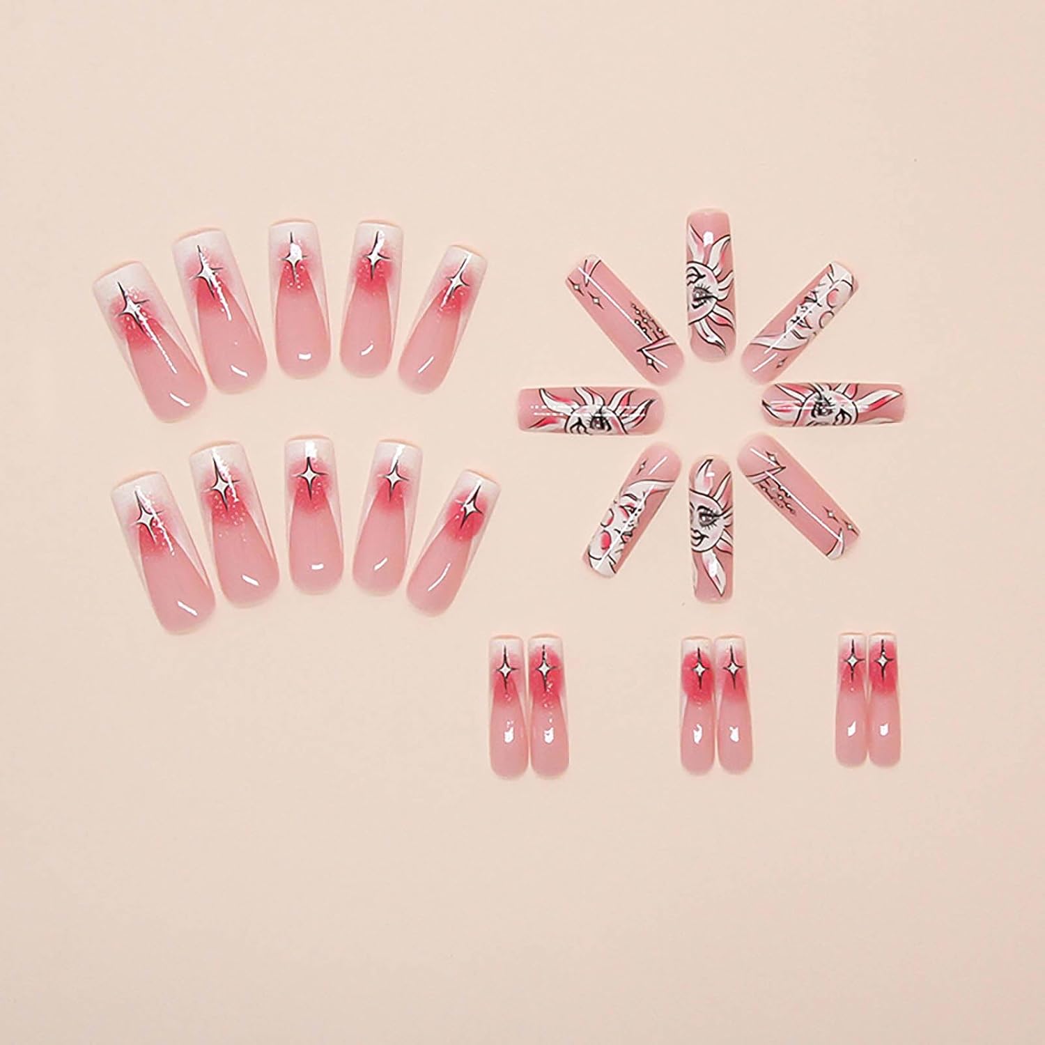Stylish Moon Sun French Tip Press-On Nails, Long Coffin Acrylic Nails-Free Shipping