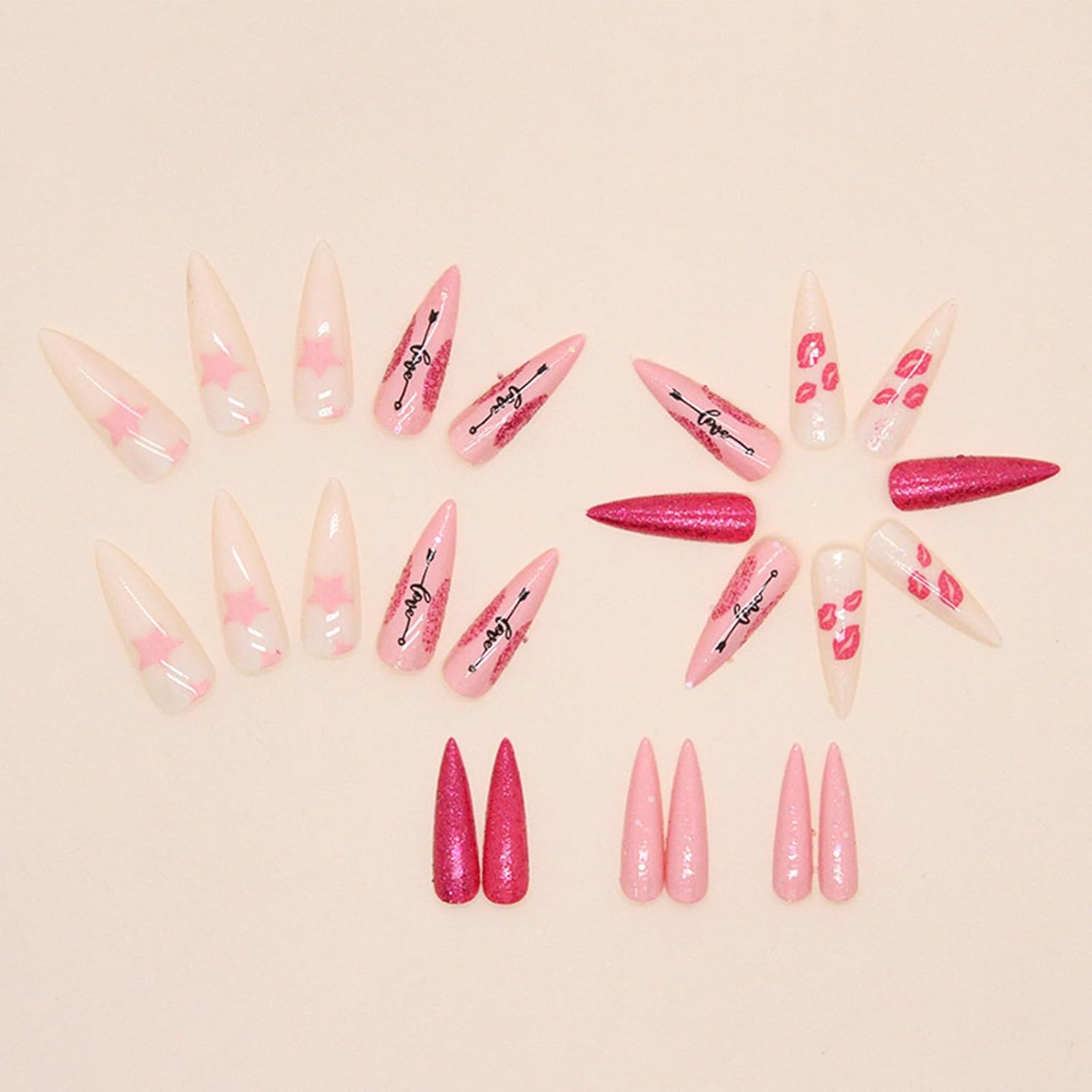 Hot Pink Kisses Press on Nails Long Stiletto Valentines Day Fake Nails with Pink Lip Black Love Letter Design Pink Glitter False Nails Valentine Glue on Nails Artificial Stick on Nails for Women Girls