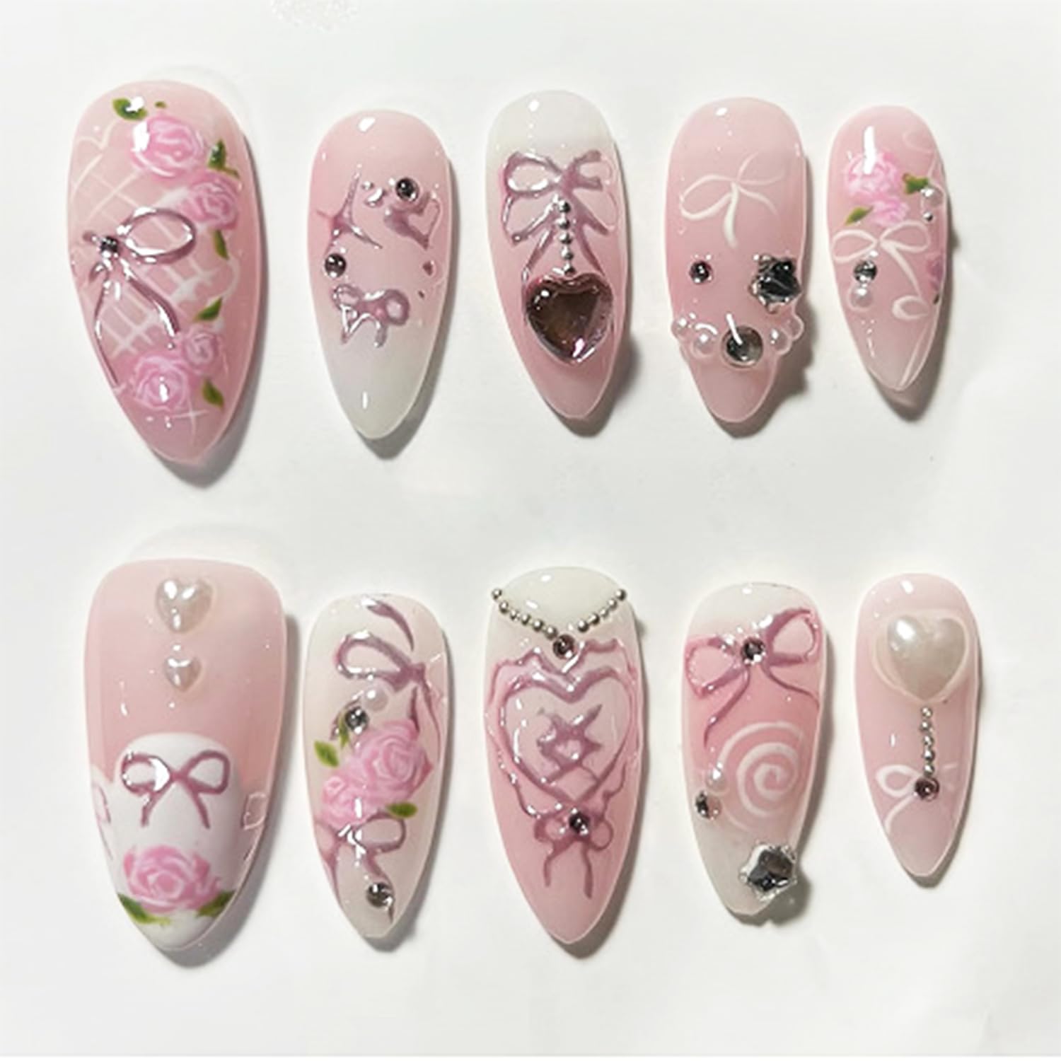 30pcs Green Press on Nails Medium Almond Fake Nails With 3D Flower Pearl Rhinestone Design Gold Beads Butterfly False Nails Star Glue on Nails 3D Summer Floral Full Cover Stick on Nails for Women