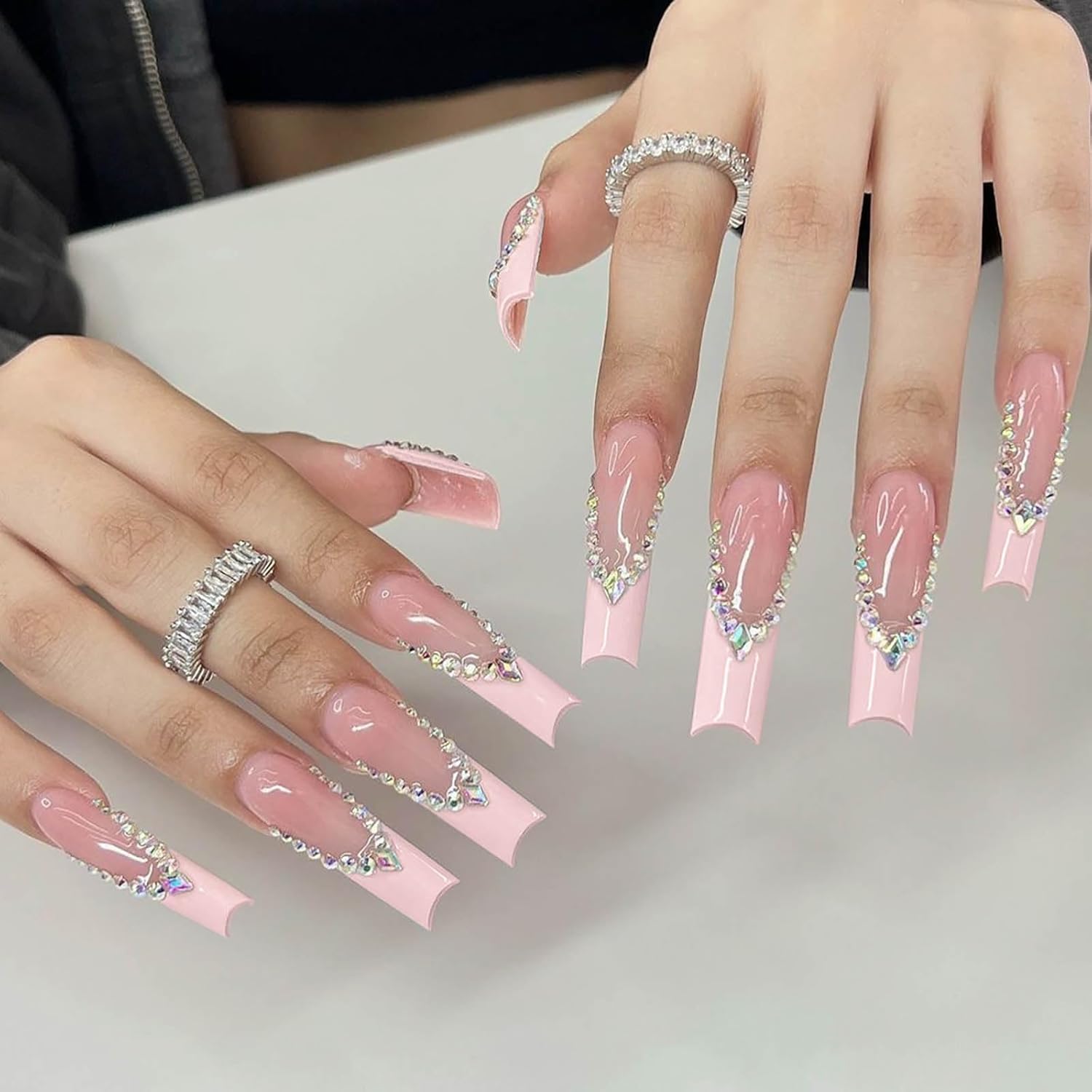 Pink French Rhinestone Long Coffin Press-on Nails Acrylic False Nails - Free Shipping