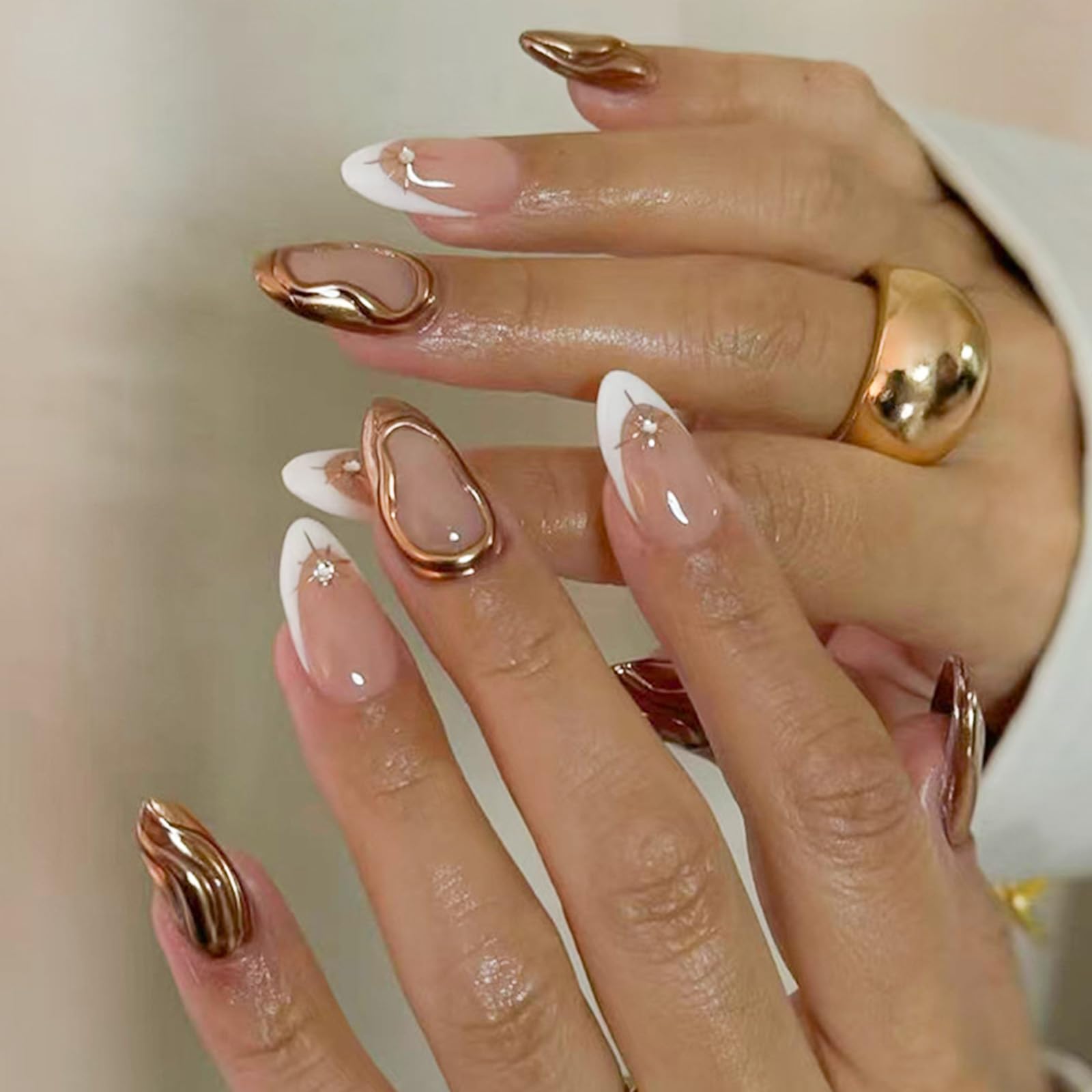 Almond Press on Nails Medium French Tip Fake Nails with Design Gold Line Star Glue on Nails 3D Flower Water Ripple Acrylic Nails Rose False Nails Full Cover Stick on Nails for Women Manicure 24Pcs